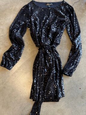 Black Sequin Long-Sleeve Wrap Dress
